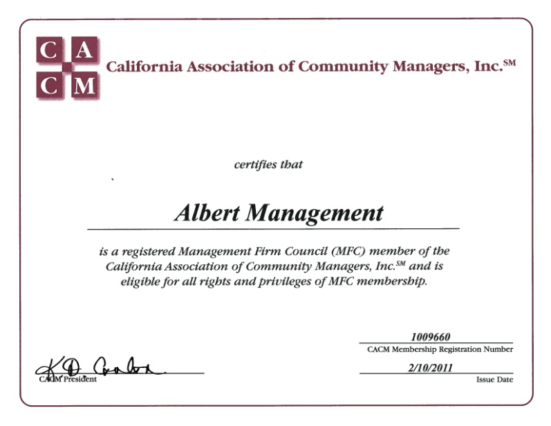 California Association of Community Managers Member Certificate